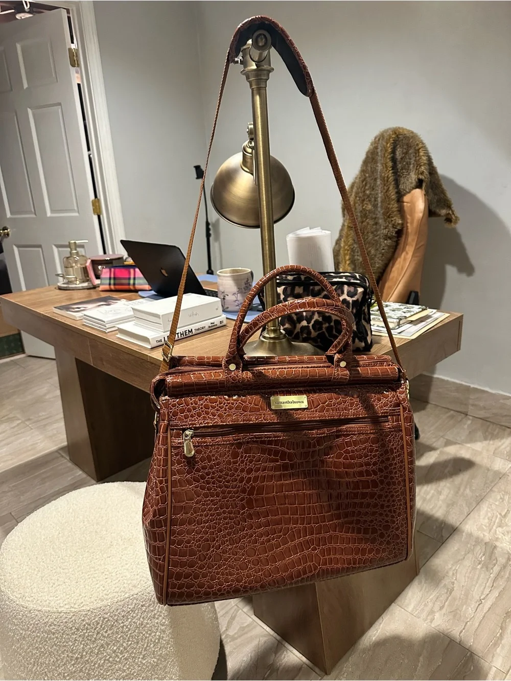Brown Croc-Embossed Satchel Bag